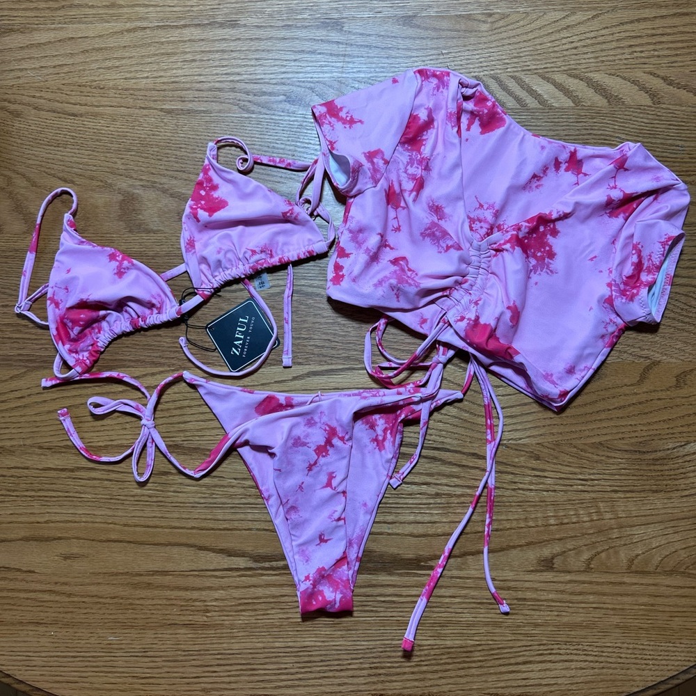 Zaful Pink Tie-Dye Three Piece Bikini Set Size Small/US 4